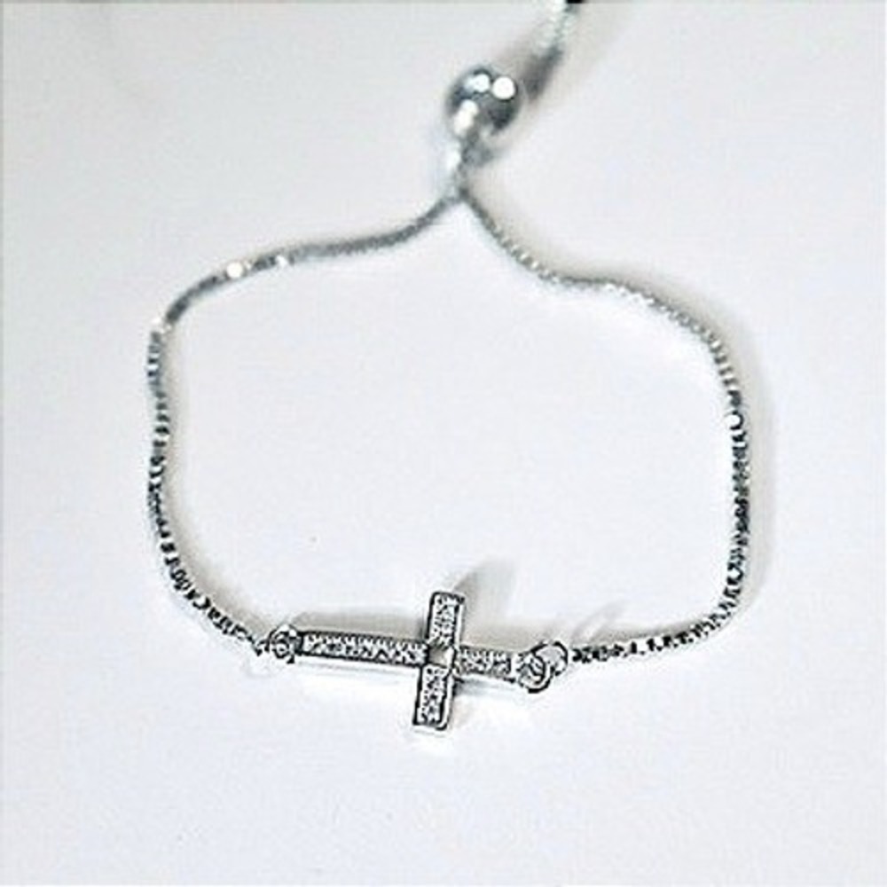 Swarovski Crystal Cross Bolo Bracelet Silver Plated Adjustable Box Chain New